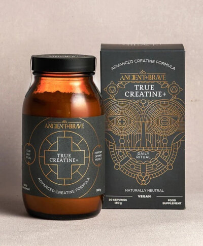 Ancient + Brave True Creatine+ bottle and box — a daily ritual to support strength, brain health and muscle maintenance through midlife.