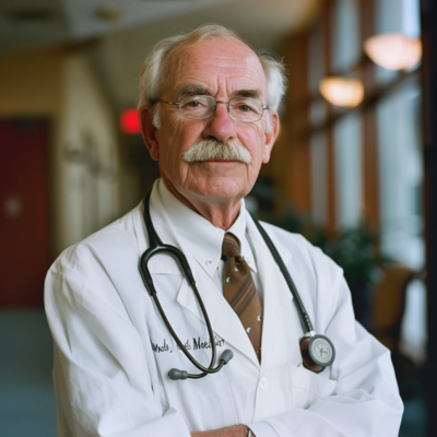 Professional headshot of senior male doctor in white coat smiling warmly against office background new jersey.