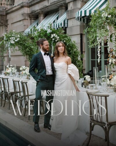 Bride and groom at Larz Anderson House in Washington DC, standing beside an elegant reception table with lush white floral arrangements and greenery. Floral design by Springvale Floral, luxury wedding florist serving DC, Virginia, and beyond.