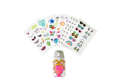 Luua water bottle with pink character on it, available to decorate with accompanying stickers during a commercial product photoshoot to update Luua's marketing images.
