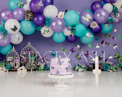 purple teal butterfly balloon cake smash backdrop-stacey-ash-photography (2)