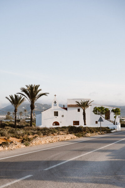 White church near the road in Salinas, Ibiza