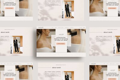 Ein Tablet, das auf einem cremefarbenen Notizbuch liegt. Auf dem Bildschirm wird eine Website gezeigt, die kreative Webdesign-Dienstleistungen bewirbt. Die Website enthält Textbausteine mit Überschriften wie 'Helping you bloom', begleitet von Bildern und einem strukturierten, minimalistischen Layout. Neben dem Tablet liegen Schmuckstücke und ein dekoratives Körbchen.