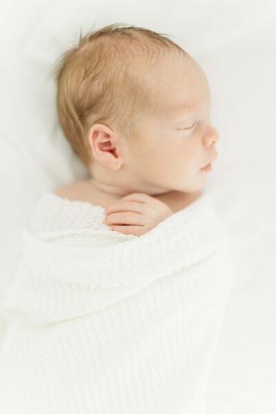 newborn swaddled in white blanket for photo session