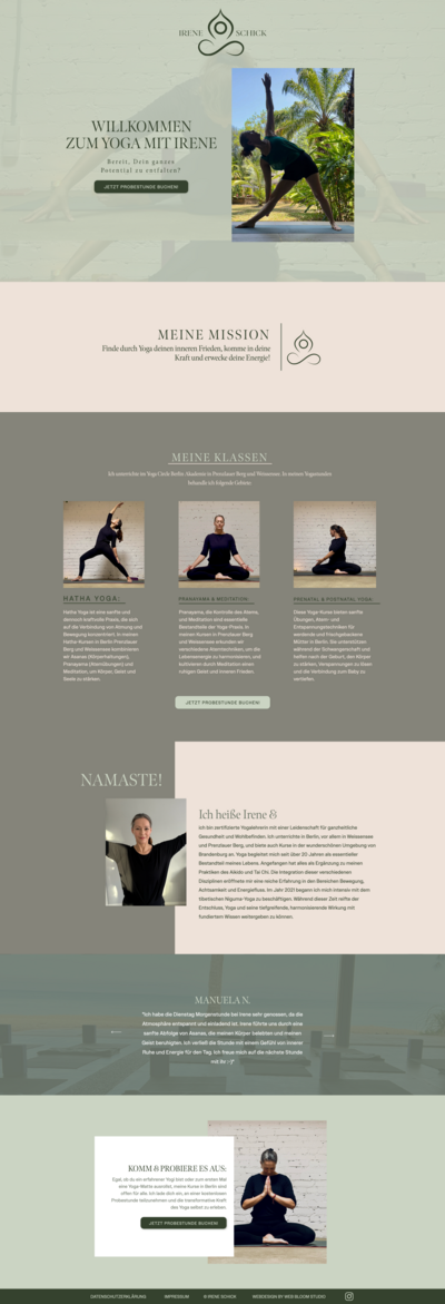 Mockup einer Website für Yogalehrerin Irene, minimalistisch gestaltet