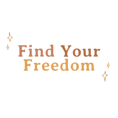 The business logo for Find YOur Freedom Co., it features the name spelled out in orange and yellow fonts with stars on the top left and bottom right corner.