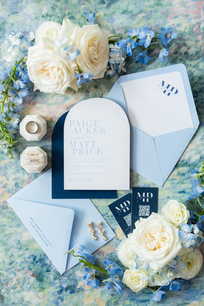 Blue themed wedding details photo at Tuscaloosa wedding