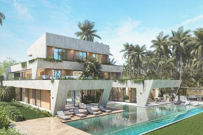 Palm-lined condominium with a large swimming pool featured in Nova Lux DR Properties’ listings