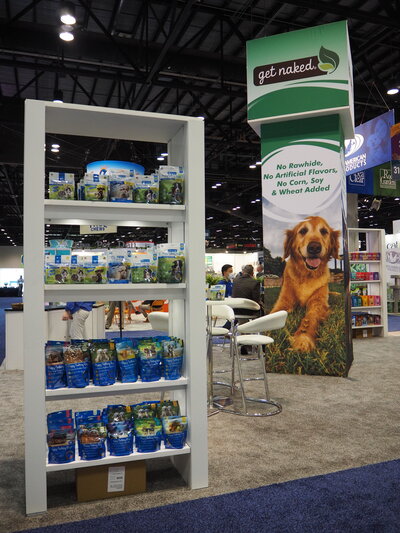 Commercial pet photography display of pet food products at Global Pet Expo.