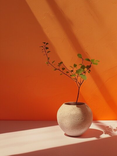 A minimalist ceramic vase holding a single branch with delicate green leaves is bathed in sunlight, casting soft shadows on a peach surface. The vibrant orange textured wall in the background adds warmth, reflecting the simplicity and beauty of moments inspired by vacation fundraising for charities.