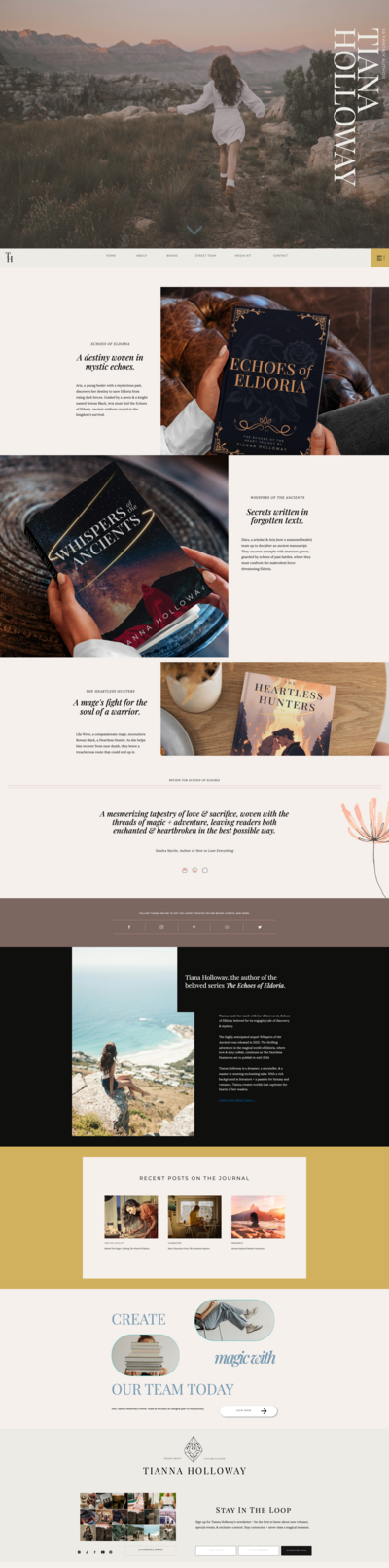 mockup of beautiful landscape and woman facing away from camera in a boho stylized photo with words Tiana Holloway for a fiction author website