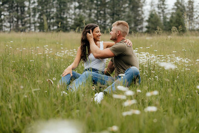 spring engagement photoshoot in a grassy field in Michigan