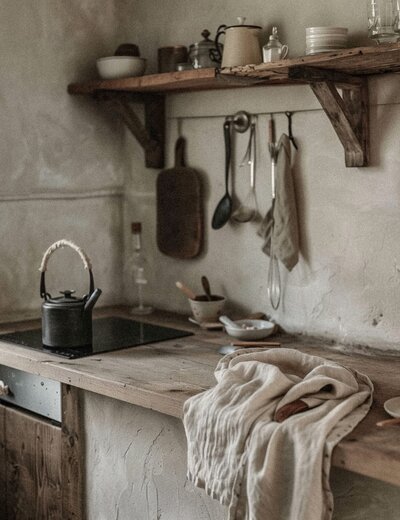 Close-up of a kitchen with plaster-rendered walls, raw timber cabinetry, and open shelving. Styled with kitchen utensils, bowls, a kettle, and other pieces crafted from linen, iron, ceramic, and glass.