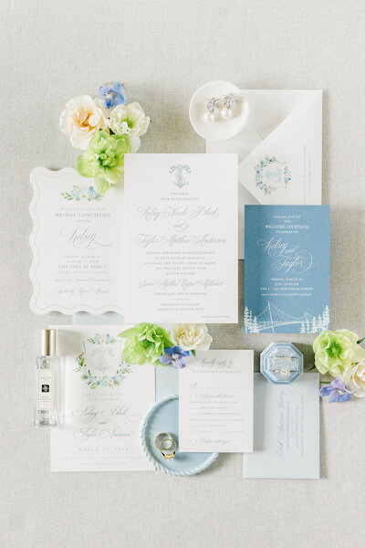 Blue and cream wedding invitation suite
