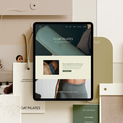 Moodboard for Flow Pilates branding identity including with website design, color palette, tag design and more.