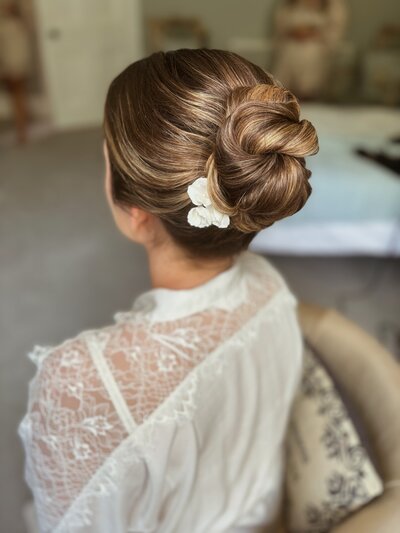 Elegant, sleek, clean texture mid bun for real bride Hannah in Curdridge, Southampton