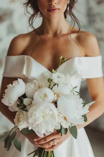 closeup of bride holding a white floral bouquet