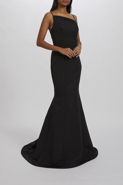 Amsale + Bridesmaids + LUX + GB242A + Faille + Asymmetrical + Spaghetti Strap + High Neck + Fit-to-Flare Gown + Side