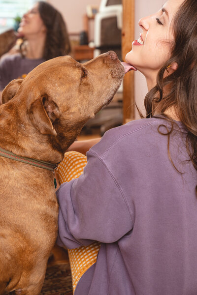 Cassie pictured at her home office with her pit bull, Rocco, who's licking her face.