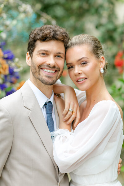 bride and groom portrait in orangery reception in london, sezincote house london, london wedding