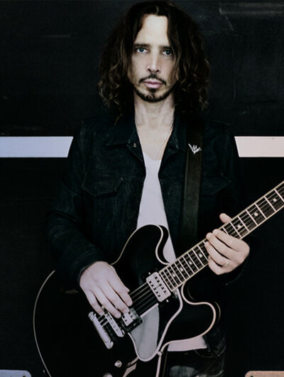 Chris Cornell Musician Portrait Beverly Hills standing with Signature ES-335 Gibson Guitar