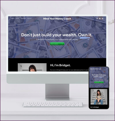 Mockup showing a website for Mind Your Money Coach with bold fonts and financial wellness messaging on desktop and mobile devices