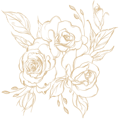 A beige line drawing of blooming roses with leaves, arranged in a cluster. The design is simple and elegant.