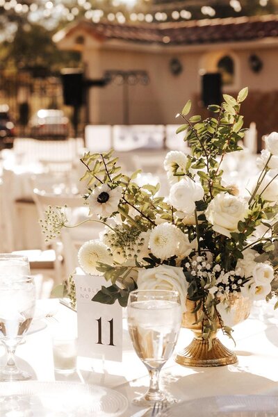 wedding reception tablescape with lush white florals