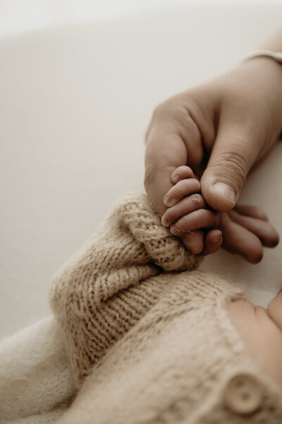 A close-up of an adult holding a baby's tiny hand, both resting against a soft, neutral background.