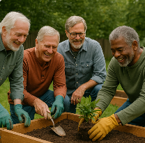 Men planting a tree together in midlife showing there is still friendship at fun at 50+