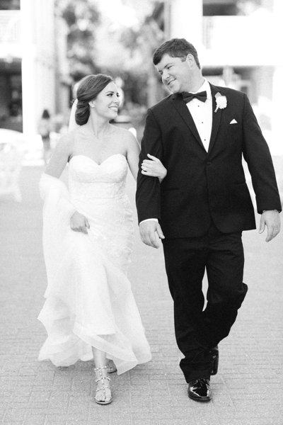 Bride and groom walk up memorial steps at their DC wedding