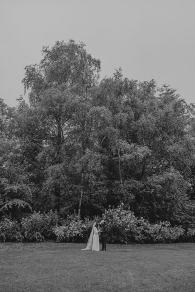 black and white bride and groom portrait by a big tree