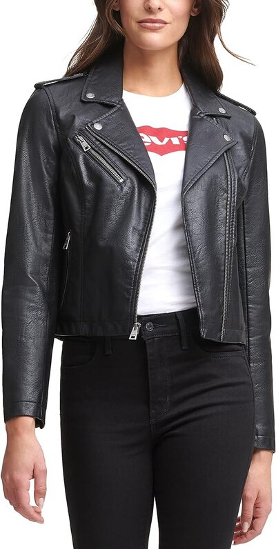 Woman in Classic Faux Leather Moto Jacket