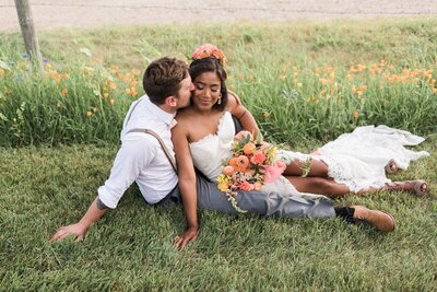 Bright clementine garden wedding with hair and makeup by Madi Leigh Artistry, experienced and inclusive Calgary hair & makeup artist, featured on the Brontë Bride Blog.