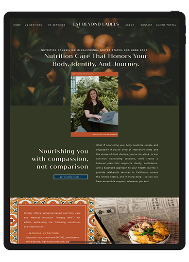 Website design for an inclusive nutritionist, featuring a welcoming layout and vibrant food imagery.
