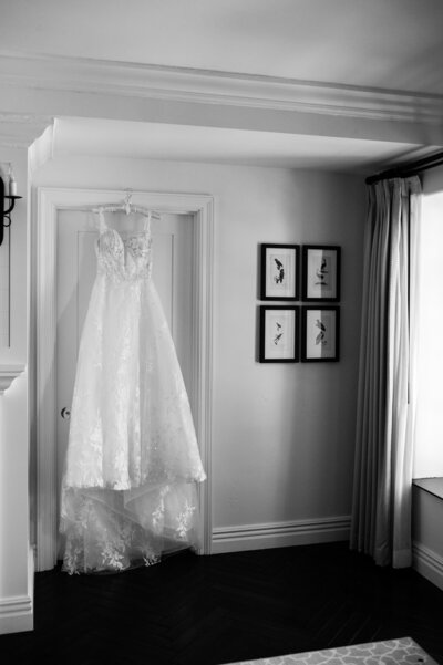 Wedding dress hanging in a room with framed bird illustrations.