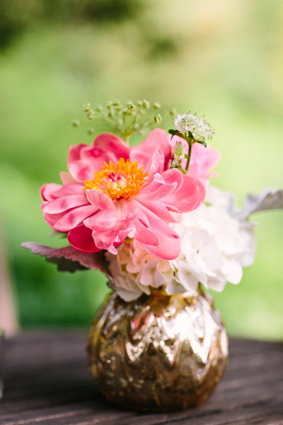 peonies on golden vase at Blooming Hill Farm Wedding
