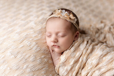 Newborn baby boy snuggling a stuffed giraffe as he smiles during his newborn session.