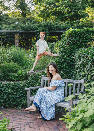 Mother and son in a fun pose at a beautiful garden in Sussex County, NJ.