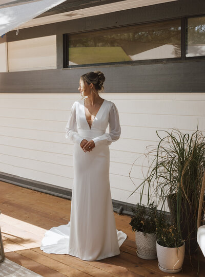 A Bride Standing on a Patio Before Her Wedding