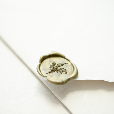 White Wedding Stationary with Golden Floral Wax Seal