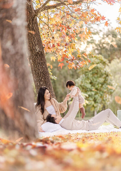 Autumn portraits of asian family in autumn foliage in brisbane.