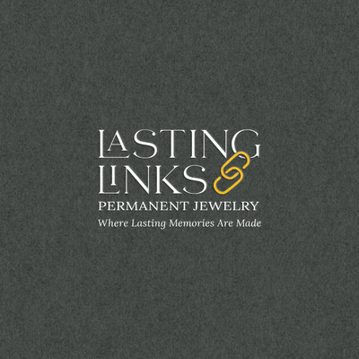 Logo design for Lasting Links, a permanent jewelry brand, featuring elegant serif typography and gold chain accent.