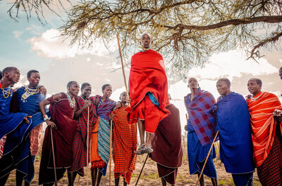 Maasai tribe members perform ritual dance