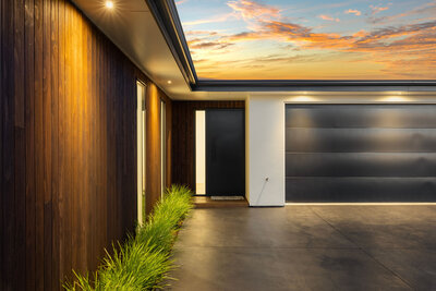 wooden cladding and angled roof