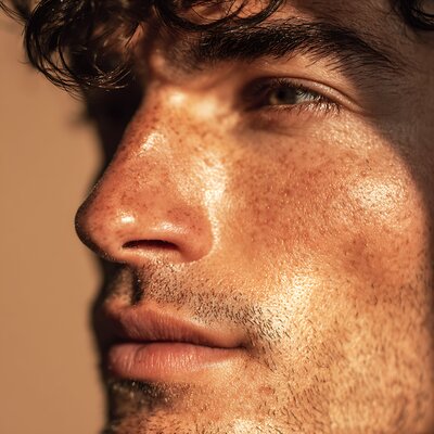 close-up of white man's glowing face and beard after serum, soft skin texture, natural backlight, warm tone