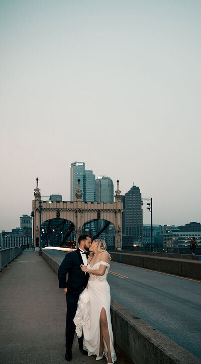 Bride and Groom at Pittsburgh Bridge Kissing