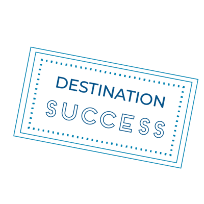 Illustration of stamp that says Destination Success in blue