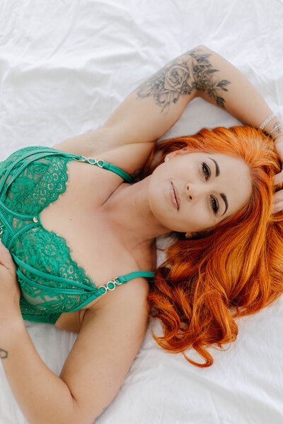 gorgeous redhead in emerald green lingerie