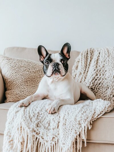 An adorable French Bulldog sitting down, looking calm and content.